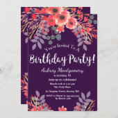 紫色の宝石トーンウォーターカラーフラワーズ誕生日 招待状 (正面/裏面)