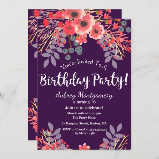 紫色の宝石トーンウォーターカラーフラワーズ誕生日 招待状 (正面/裏面)