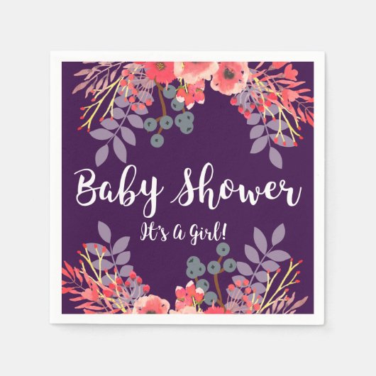 紫色の宝石トーン水の色の花ベビーシャワー スタンダードカクテルナプキン (正面)