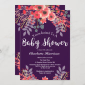 紫色の宝石トーン水の色の花ベビーシャワー 招待状 (正面/裏面)
