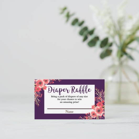 紫色の宝石トーン水色の花おむつラッフル エンクロージャーカード (スタンド正面)