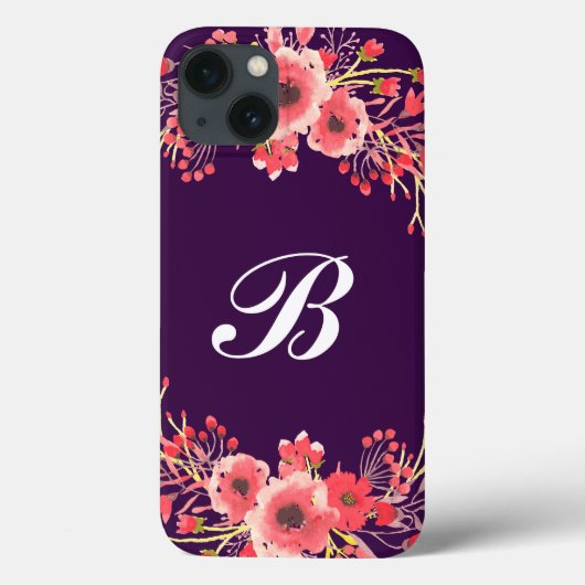 紫色の宝石トーン水色の花モノグラムの Case-Mate iPhoneケース (裏面)
