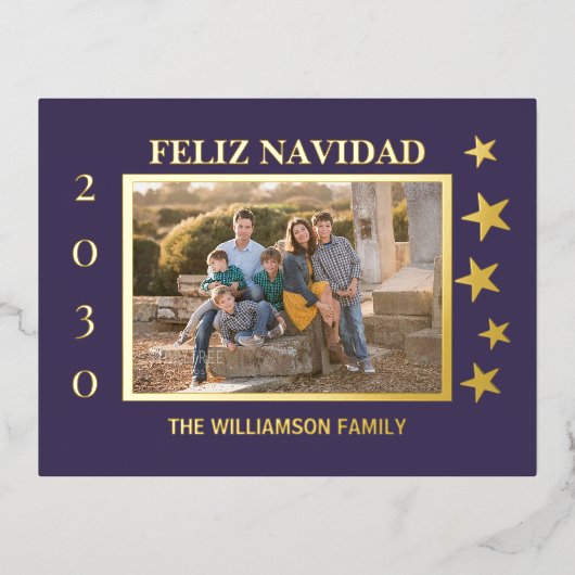 紫色の家族写真フェリーズ・ナヴィダゴールド・フォイル 箔シーズンポストカード (正面)