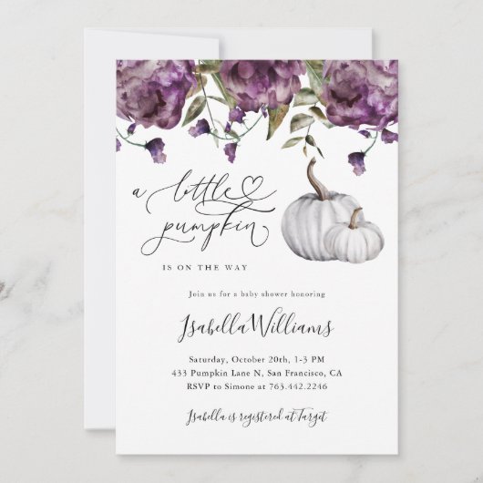 紫色の小さなかぼちゃの赤素朴ちゃんシャワー 招待状 (正面)