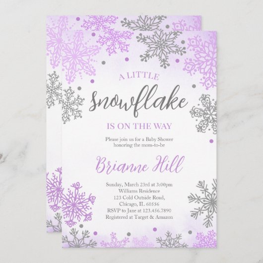 紫色の小さなスノーフレークの赤ちゃんシャワー 招待状 (正面/裏面)