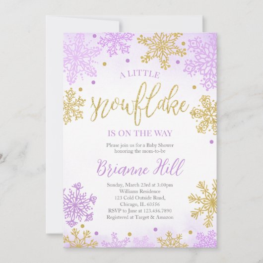 紫色の小さなスノーフレークの赤ちゃんシャワー 招待状 (正面)