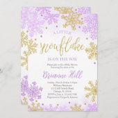 紫色の小さなスノーフレークの赤ちゃんシャワー 招待状 (正面/裏面)