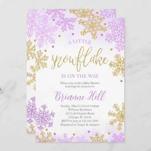紫色の小さなスノーフレークの赤ちゃんシャワー 招待状 (正面/裏面)
