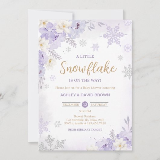 紫色の小さなスノーフレークの赤ちゃんシャワー 招待状 (正面)