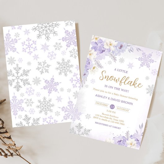 紫色の小さなスノーフレークの赤ちゃんシャワー 招待状