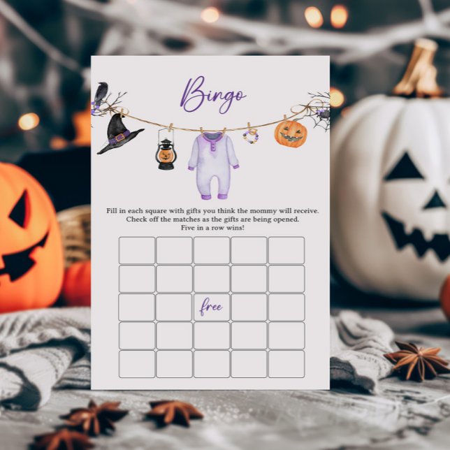 紫色の小さなブハロウィーン赤ちゃんシャワービンゴゲーム (Halloween Baby Clothes Baby Shower Bingo Game)