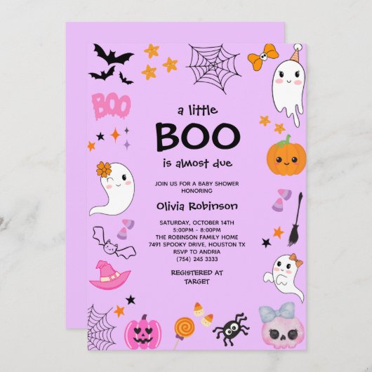 紫色の小さなブーかわいいハロウィーンの赤ちゃんシャワー 招待状 (正面/裏面)