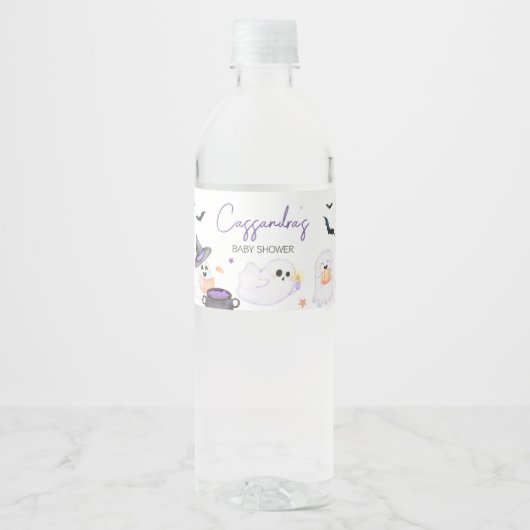 紫色の小さなブーブハロウィーンベビーシャワー ペットボトルラベル (正面)