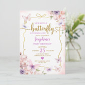 紫色の小さな蝶ピンクのフローラ1st誕生日 招待状 (スタンド正面)