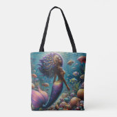 紫色の尾を水中に持つ黒い女性の人魚 トートバッグ (裏面)