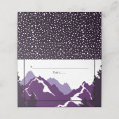 紫色の山々の冬の結婚式を折り畳んだエスコート プレイスカード (外部開封)