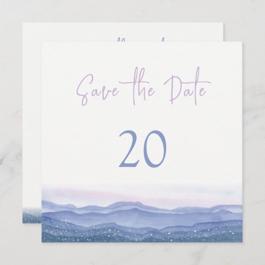 紫色の山々の結婚式の日付を保存 招待状 (正面/裏面)