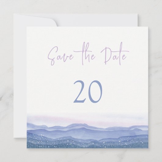 紫色の山々の結婚式の日付を保存 招待状 (正面)