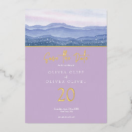 紫色の山々の結婚式の日付を保存 箔招待状
