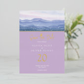 紫色の山々の結婚式の日付を保存 箔招待状 (立ち正面)