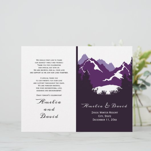 紫色の山々、針葉樹の折り畳まれた結婚式のプログラム (スタンド正面)