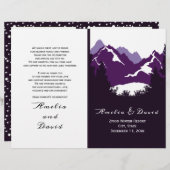 紫色の山々、針葉樹の折り畳まれた結婚式のプログラム (正面/裏面)