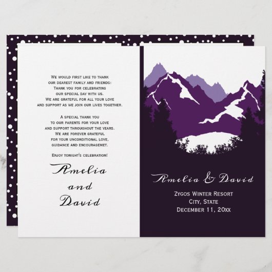 紫色の山々、針葉樹の折り畳まれた結婚式のプログラム (正面/裏面)