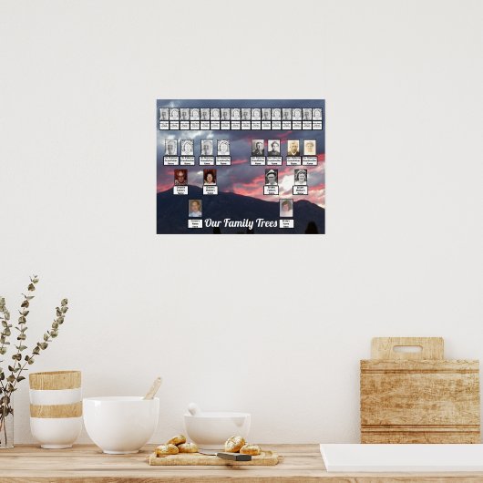 紫色の山の日没の写真統一された家族の木 ポスター (キッチン)