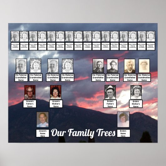 紫色の山の日没の写真統一された家族の木 ポスター (正面)
