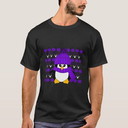 紫色の帽子とスカーフの醜いクリスマスSを持つペンギン Tシャツ (正面)