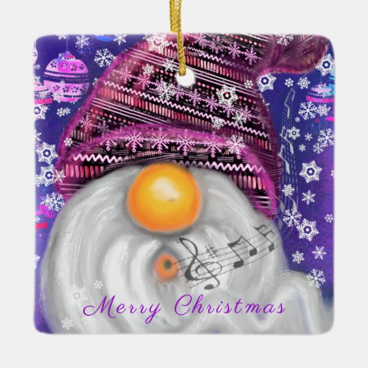 紫色の帽子に格言のクリスマスソングを歌う幸せなクリスマス セラミックオーナメント (正面)