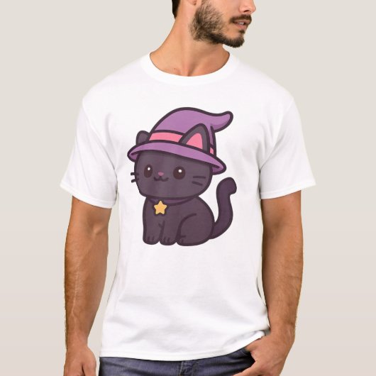紫色の帽子をかぶったかわいい魔女猫 クラシックTシャツ Tシャツ (正面)