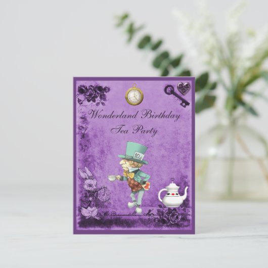 紫色の帽子屋の不思議の国の誕生日のお茶会 招待状 (スタンド正面)