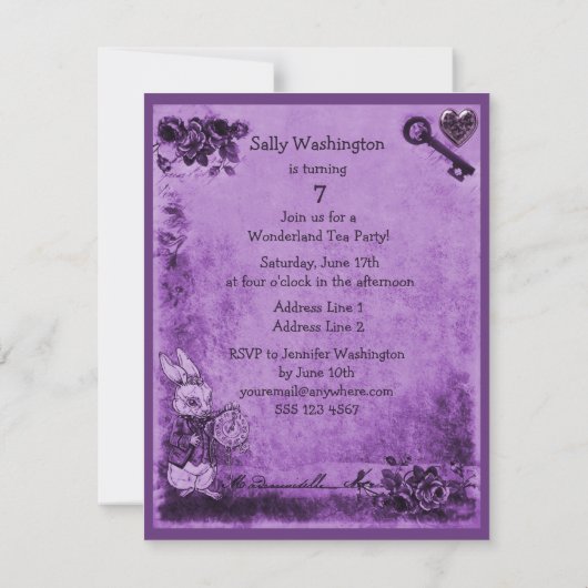 紫色の帽子屋の不思議の国の誕生日のお茶会 招待状 (裏面)