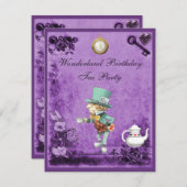 紫色の帽子屋の不思議の国の誕生日のお茶会 招待状 (正面/裏面)