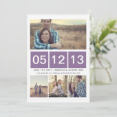 紫色の平方された写真の保存日付の招待 セーブザデート (スタンド正面)