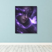 紫色の幻想の仮面の女性と輝く蝶 キャンバスプリント (インサイチュ (ウッドフロア))