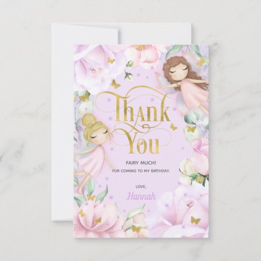 紫色の庭の妖精ピンクの花の誕生日 サンキューカード (正面)