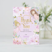紫色の庭の妖精ピンクの花の誕生日 サンキューカード (スタンド正面)