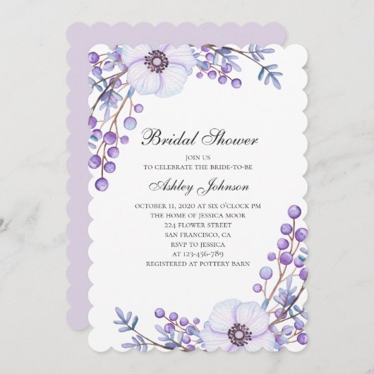 紫色の庭の花。バイオレットフローラブライダルシャワー 招待状 (正面/裏面)