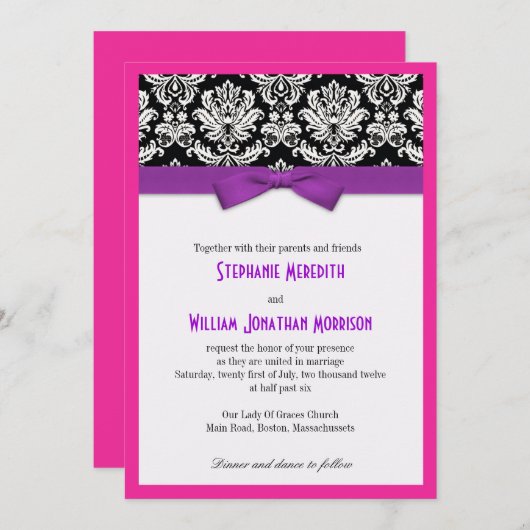 紫色の弓とピンクの結婚式招待状を持つダマスク 招待状 (正面/裏面)