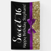 紫色の弓金ゴールドのグリッターの菓子16の誕生会 横断幕 (縦)