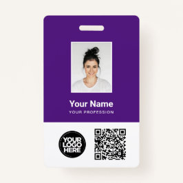 紫色の従業員の写真、Qrとバーコード、ロゴ、名前 バッジ