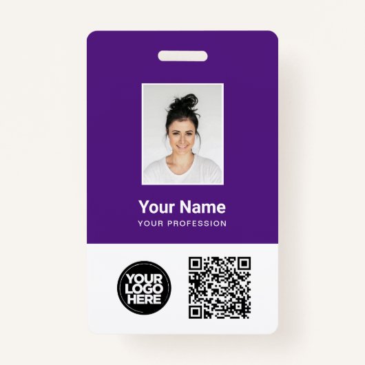 紫色の従業員の写真、Qrとバーコード、ロゴ、名前 バッジ (正面)