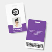 紫色の従業員 – 写真、バーコード、大きなロゴ、名前 バッジ (Front & Back)