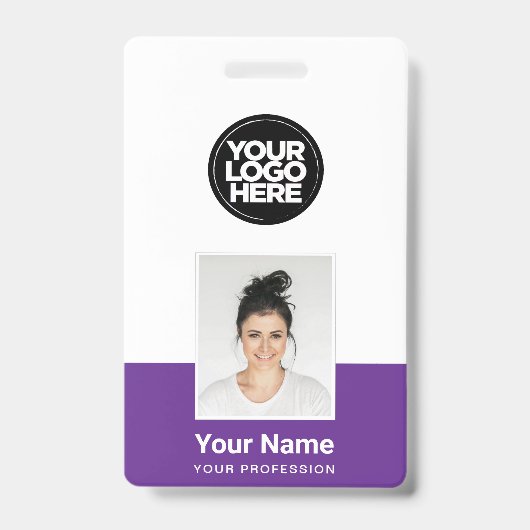 紫色の従業員 – 写真、バーコード、大きなロゴ、名前 バッジ (Front)