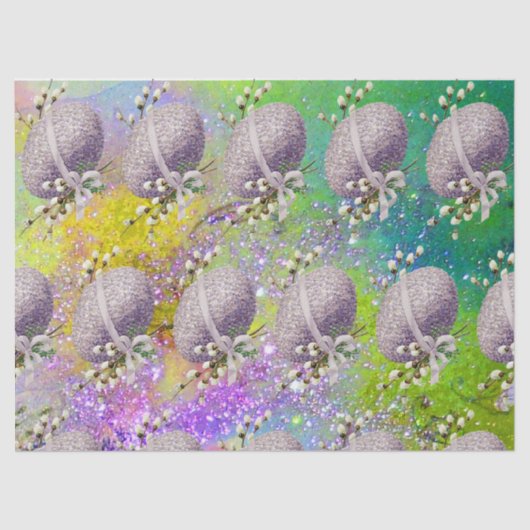 紫色の復活祭の卵、白い花、黄色いキラキラ 薄葉紙 (正面)