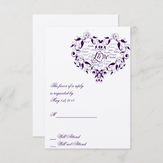 紫色の応答カードのあらゆる言語で愛して下さい 出欠カード (正面/裏面)