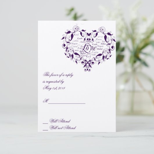 紫色の応答カードのあらゆる言語で愛して下さい 出欠カード (スタンド正面)