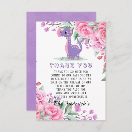 紫色の恐竜の女の子ベビーシャワーサンキューカード サンキューカード (正面/裏面)